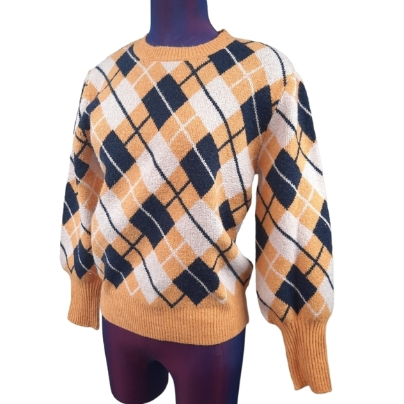 Free Assembly Argyle Balloon Sleeve Sweater Gold and Navy Size Small Women's - Picture 1 of 8